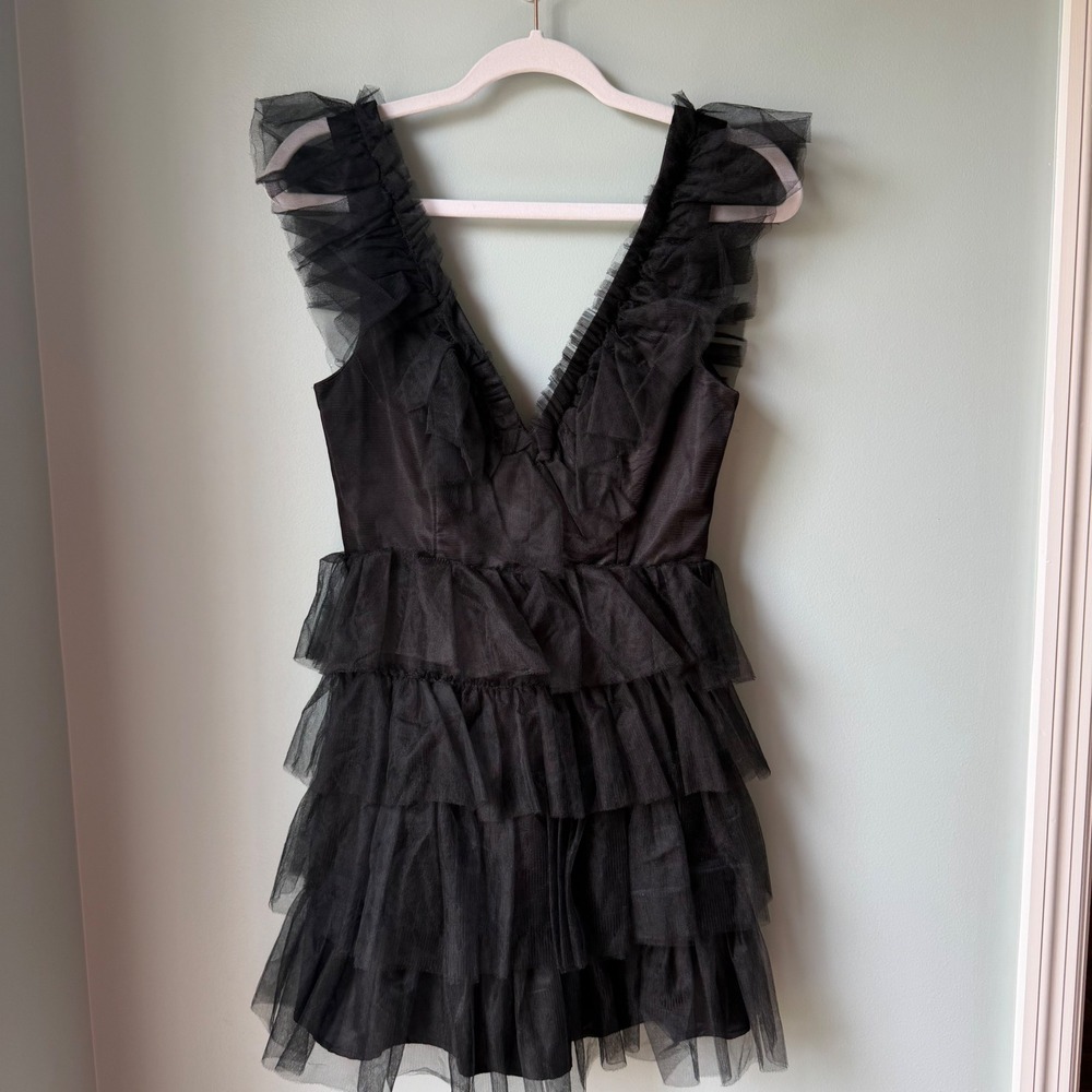 Lulus Striking Sensation Black Tulle‎ Tiered Ruffled Mini Dress Sleeveless SZ XL